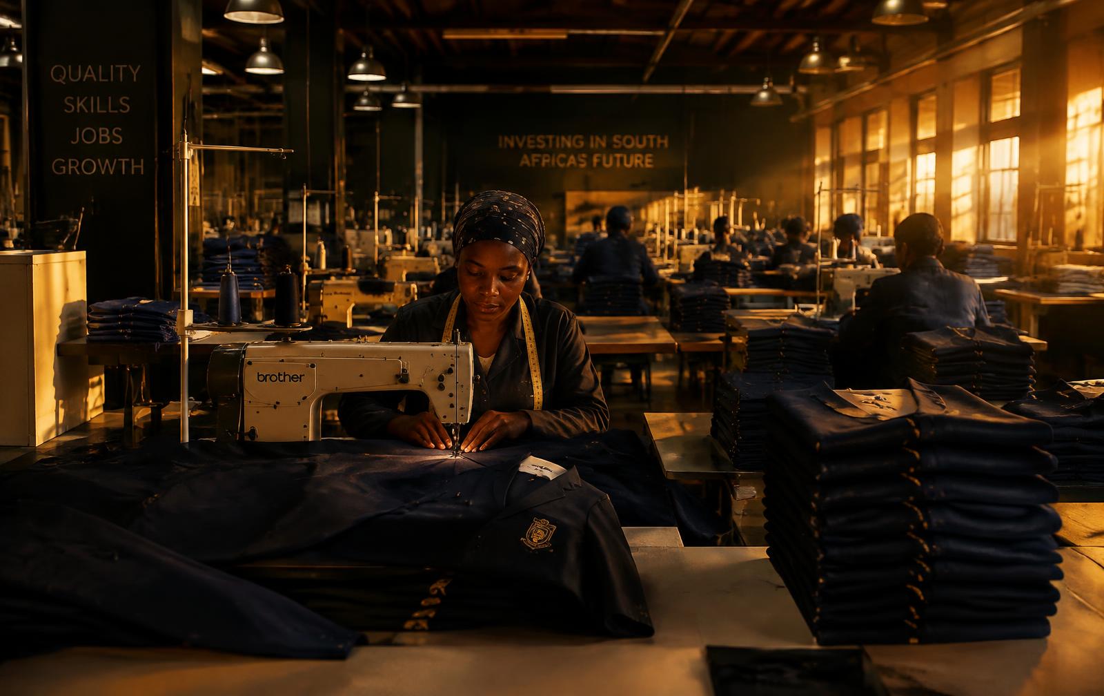 Seamstress sewing school blazers in the factory